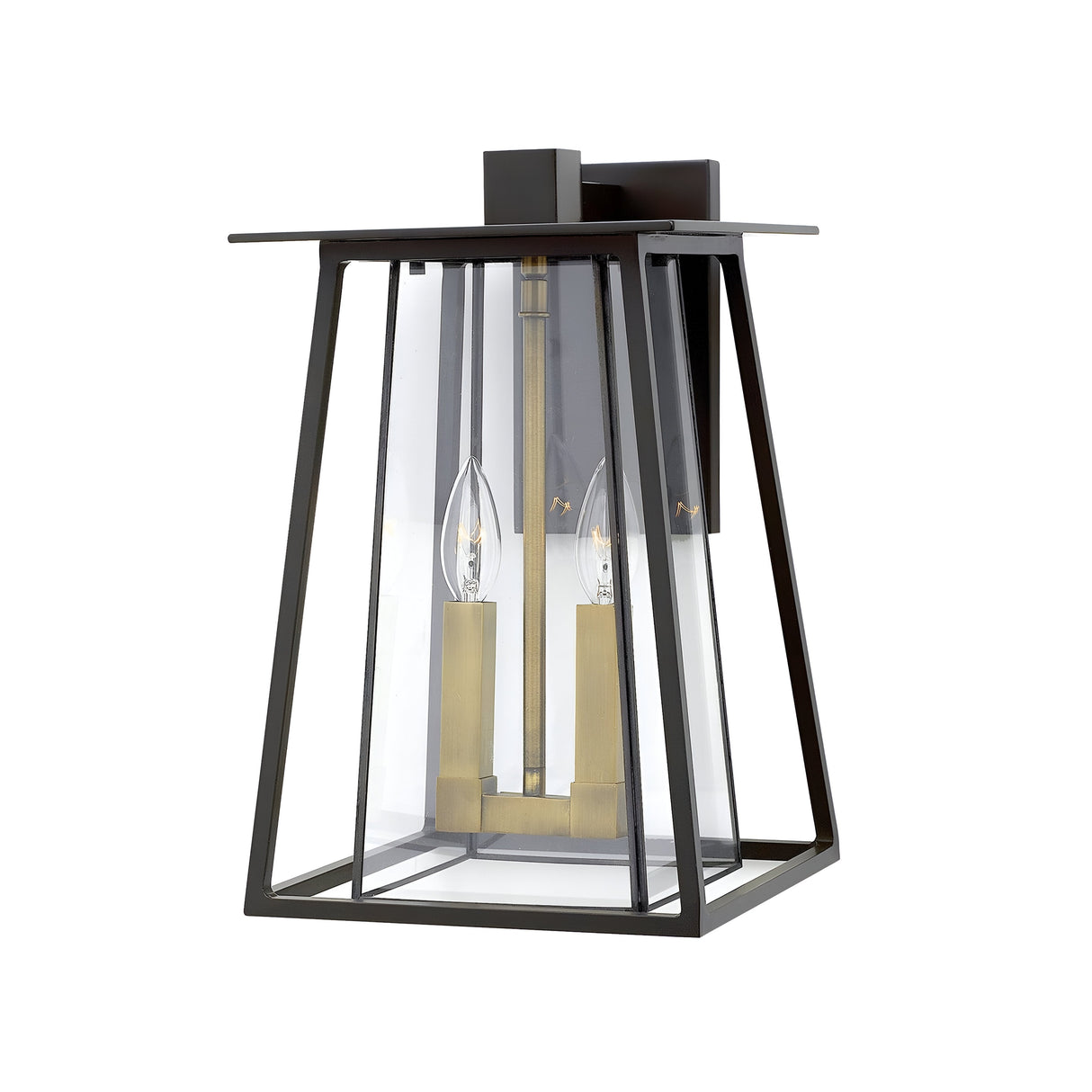 The Walker Outdoor 2 Light Large Wall Lantern in bronze with heritage brass showcases two candle-like bulbs within its black metal and glass design. Its geometric, modern aesthetic is accentuated by clear glass panels and is mounted on a square backplate, effortlessly complementing any sophisticated outdoor lighting scheme.