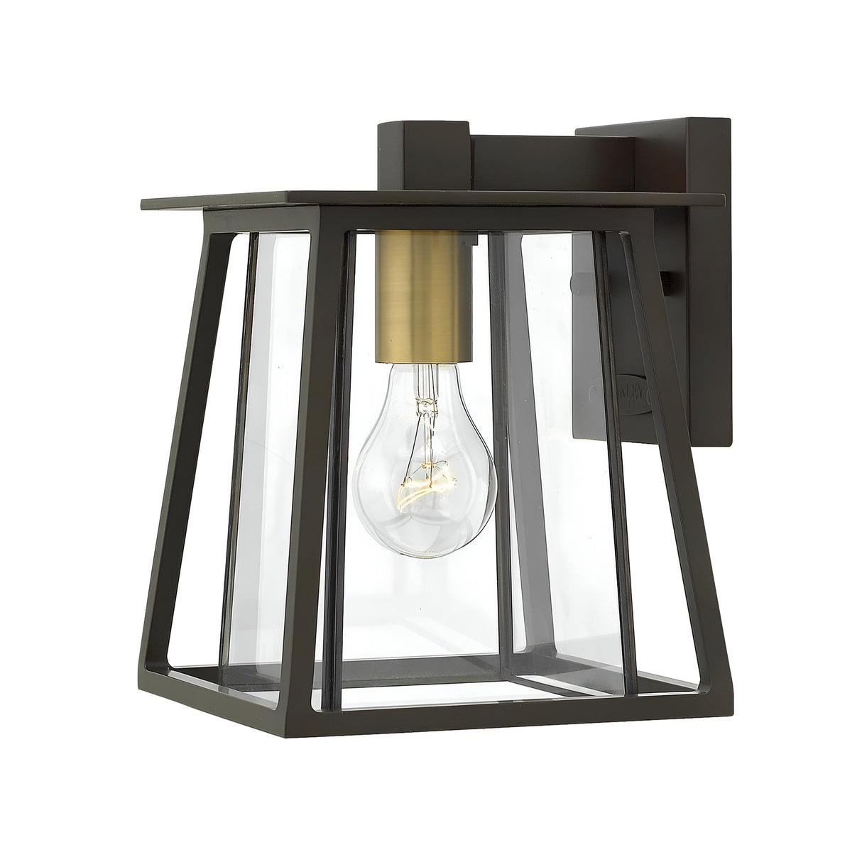 The Walker Outdoor 1 Light Small Wall Lantern in bronze with heritage brass is a perfect addition to your outdoor lighting collection, featuring a black metal frame and clear glass panels that encase a visible bulb. Its modern, geometric design boasts clean lines and a rectangular shape, reminiscent of contemporary wall lanterns.