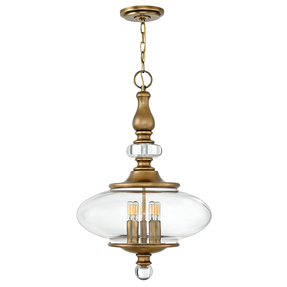 Introducing the Wexley 5 Light Chandelier in Heritage Brass, a vintage-inspired lighting fixture that combines elegance with sophistication. This chandelier features a clear glass centerpiece encasing five candle-like bulbs, suspended gracefully by a chain. Its ornate design is enhanced by Heritage Brass details above and below the glass, making it an exquisite addition to any space.