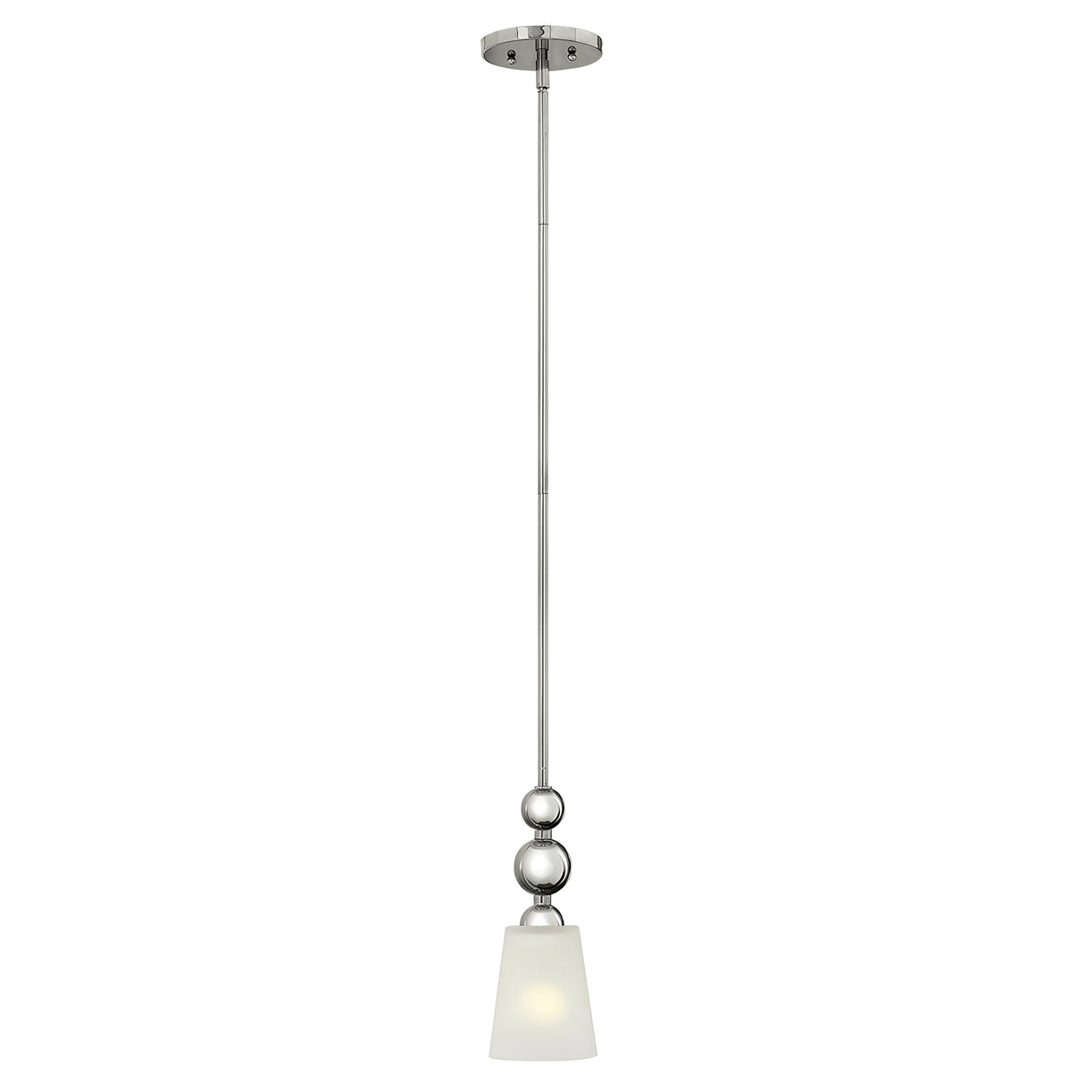 The Zelda 1 Light Mini Pendant - Polished Nickel is a sleek, modern pendant light that embodies mid-century elegance with its brushed metal finish. It features a cylindrical frosted glass shade and hangs from a round ceiling mount on a long, slender rod, adorned with decorative metallic spheres in polished nickel near the top.