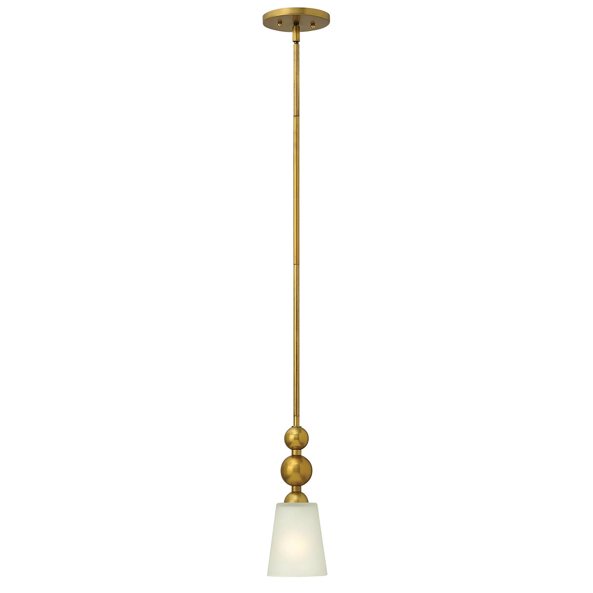 Introducing the Zelda 1 Light Mini Pendant in Vintage Brass, a contemporary lighting piece with a frosted glass shade. It boasts a sleek, elongated rod adorned with decorative round accents and is suspended from a circular ceiling mount, reflecting the grace of mid-century design.
