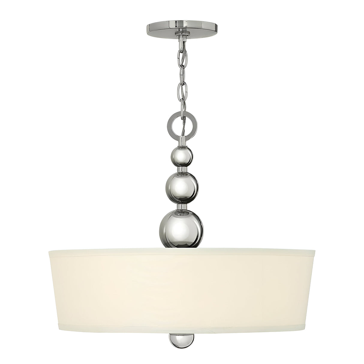 The Zelda 3 Light Pendant - Polished Nickel exudes mid-century charm with its polished nickel finish. This modern pendant light features a chrome chain and three metallic spheres, complemented by a large, cylindrical white fabric shade for a sleek and contemporary design.