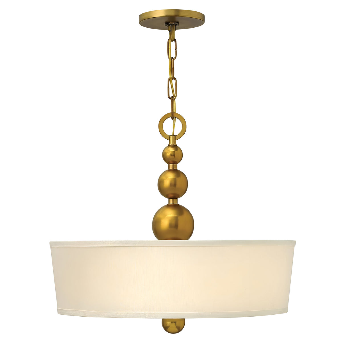 The Zelda 3 Light Pendant - Vintage Brass showcases a sleek, contemporary style with its modern brass pendant frame and fabric drum shade. The fixture is enhanced by three elegant brass spheres on the chain and a smaller one below, effortlessly merging with mid-century design elements.