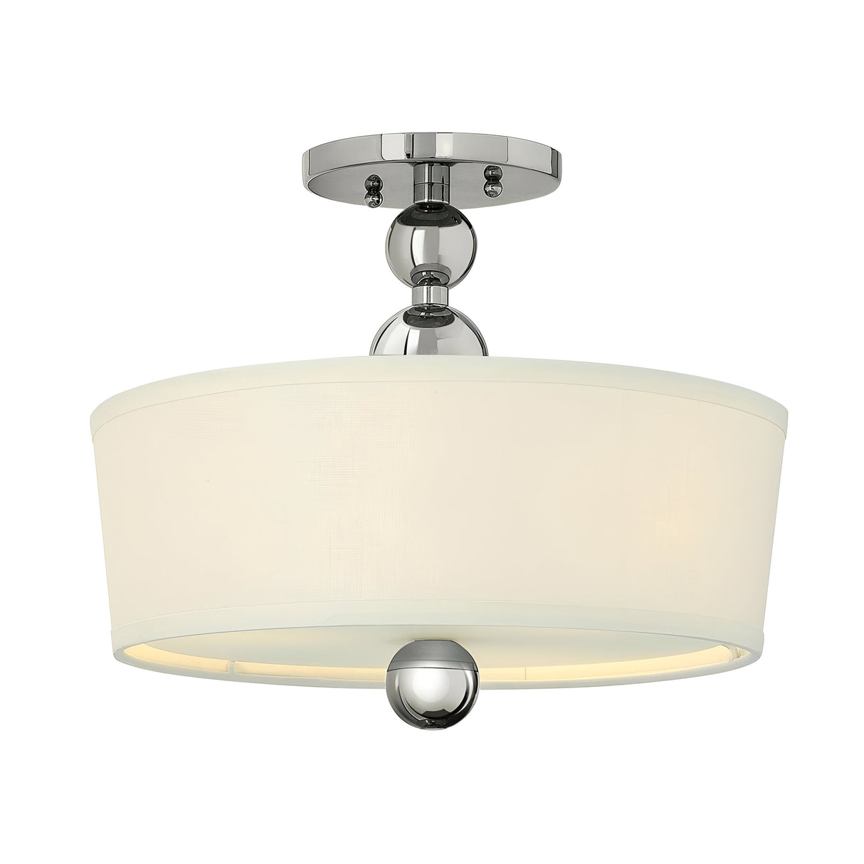 The Zelda 3 Light Semi Flush - Polished Nickel is a contemporary ceiling light fixture with a lustrous polished nickel base and a broad cylindrical white fabric shade. It is suspended from a short, polished stem and enhanced by a central decorative sphere beneath the shade for an elegant semi-flush design.