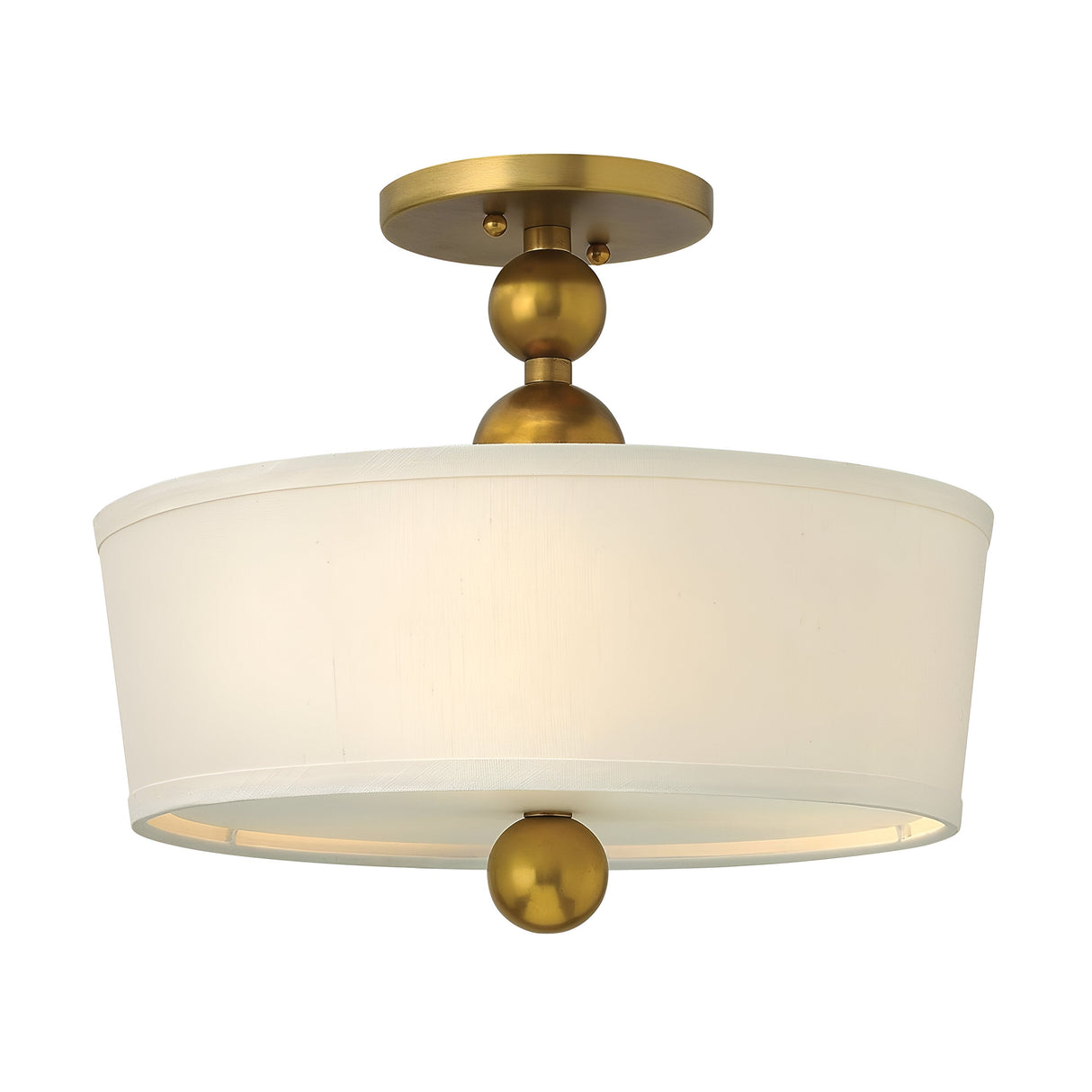 Introducing the Zelda 3 Light Semi Flush - Vintage Brass: a modern ceiling fixture that artfully combines vintage brass with mid-century design elements. Featuring a white drum-shaped fabric shade, a round brass base, and decorative ball accents, it adds an elegant touch while casting a warm and soft glow that epitomizes timeless style.