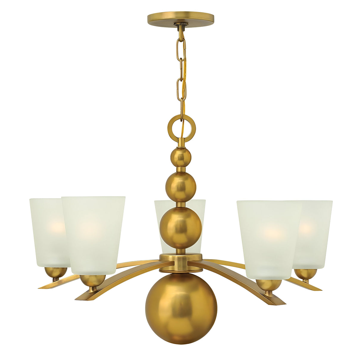 The Zelda 5 Light Chandelier in Vintage Brass showcases a stunning mid-century design with five frosted etched glass shades. It features spherical and curved metal elements, and includes a chain for hanging. The lamps are evenly distributed around a central decorative piece, offering timeless elegance to any room.