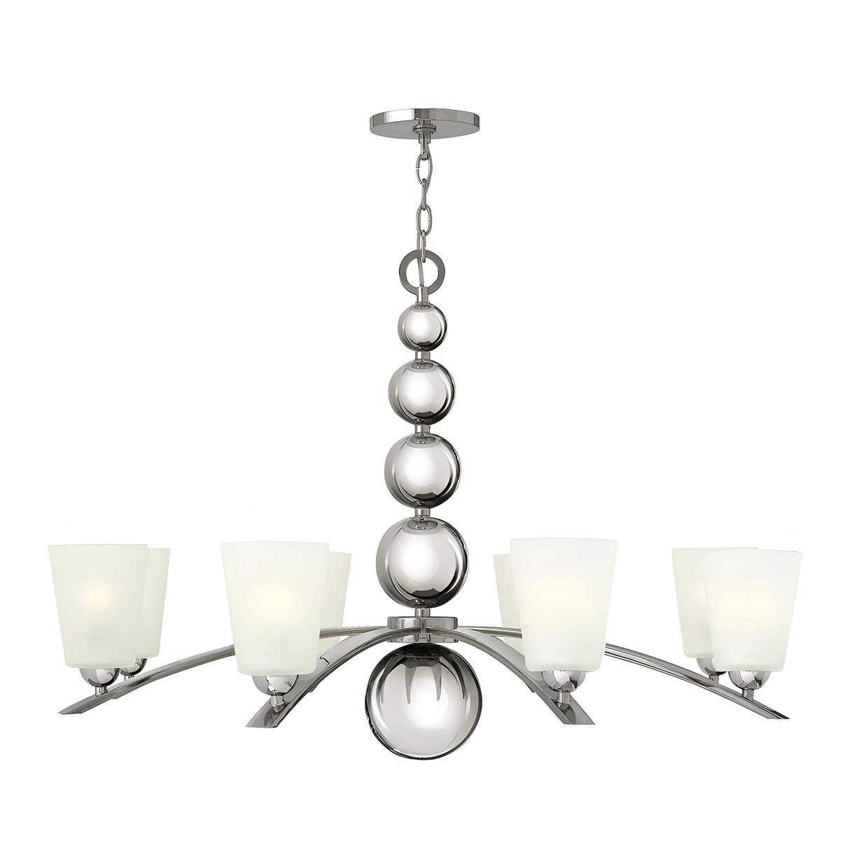 The Zelda 8 Light Chandelier in polished nickel showcases a series of spherical accents along its central column and includes five curved arms, each with a frosted glass shade. This design offers a sleek, mid-century modern style that brings contemporary elegance to any room.