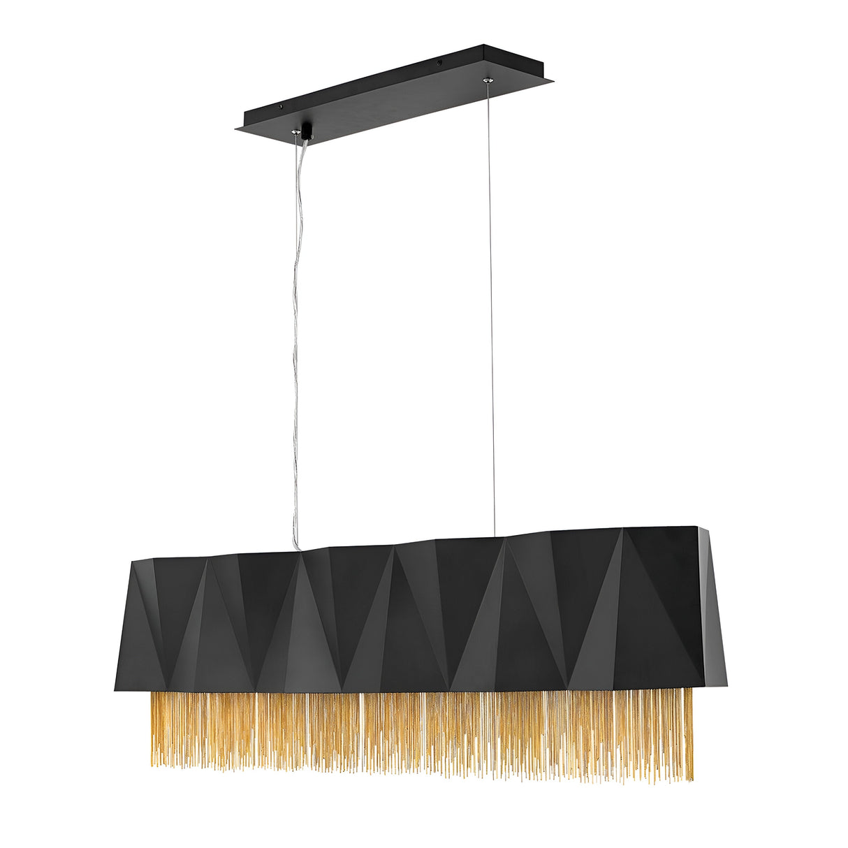The Zuma 6 Light Linear Chandelier in Satin Black/Gold is a modern pendant light that boasts a geometric black shade adorned with gold fringe. It is suspended by two slim wires from a rectangular ceiling mount, capturing the essence of contemporary design and elegance in modern lighting.