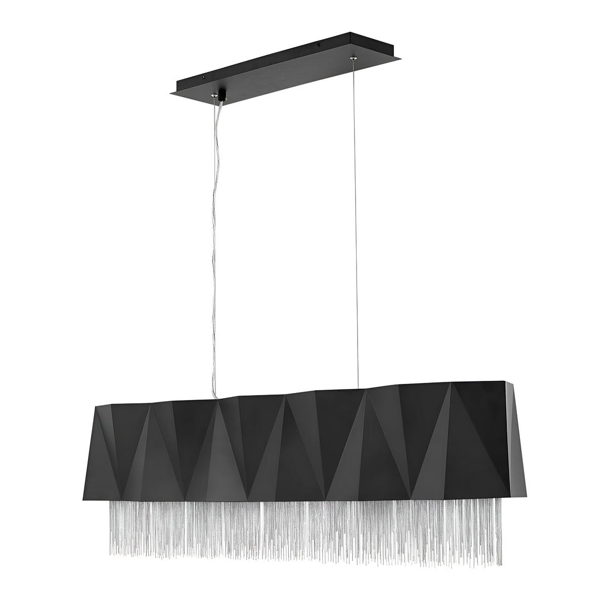 The Zuma 6 Light Linear Chandelier in Satin Black and Silver is ideal for modern interiors, showcasing a geometric black shade embellished with silver fringe strands. Suspended gracefully from a rectangular ceiling mount with two cables, it delivers ample lighting to any contemporary space.