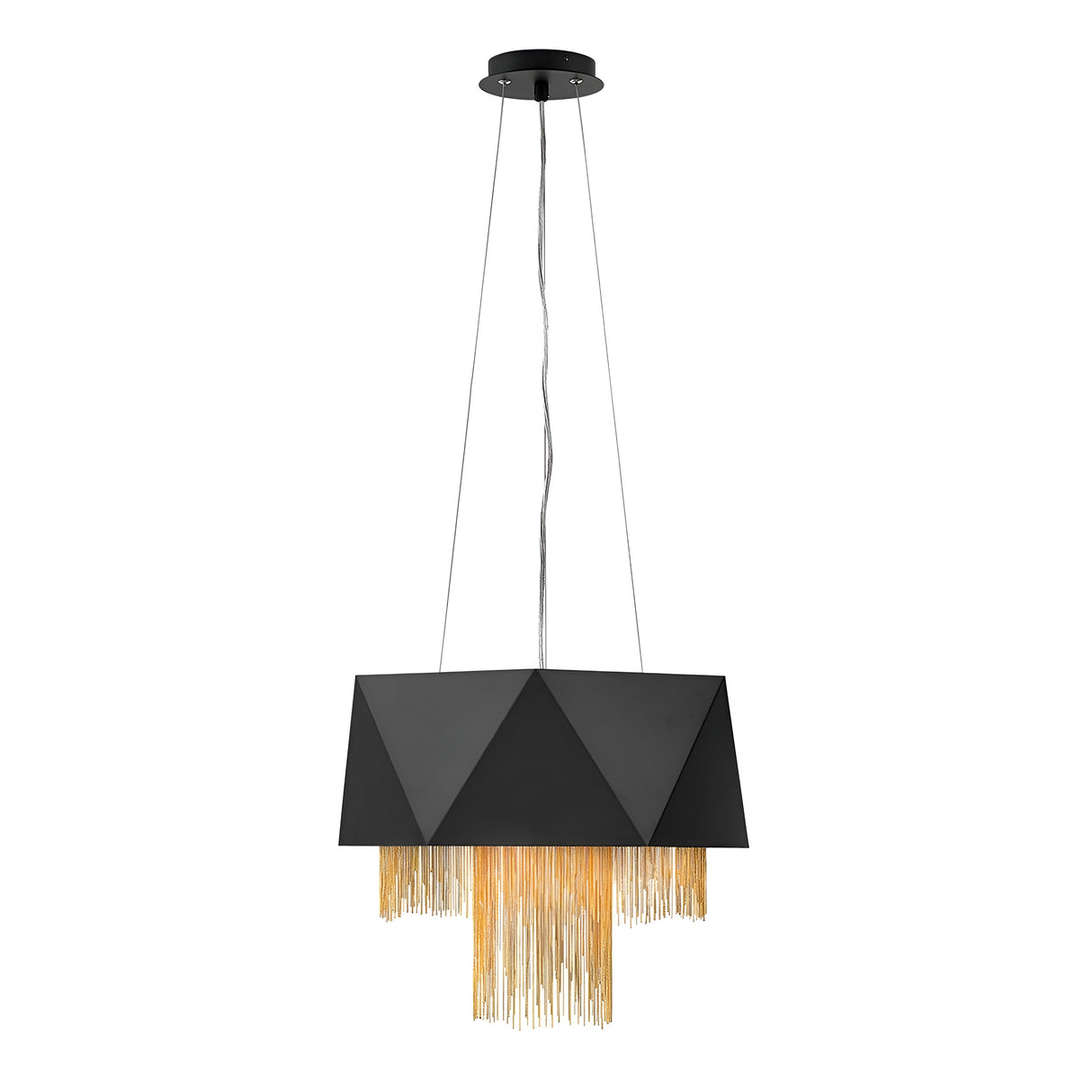 The Zuma 6 Light Chandelier in Satin Black/Gold emanates contemporary elegance with its modern black design and geometric, angular shade. Gold fringe-like strands hang below the satin black finish, casting a warm glow. This chic light fixture resembles a chandelier and is suspended by two thin cables connected to a sleek black ceiling mount.