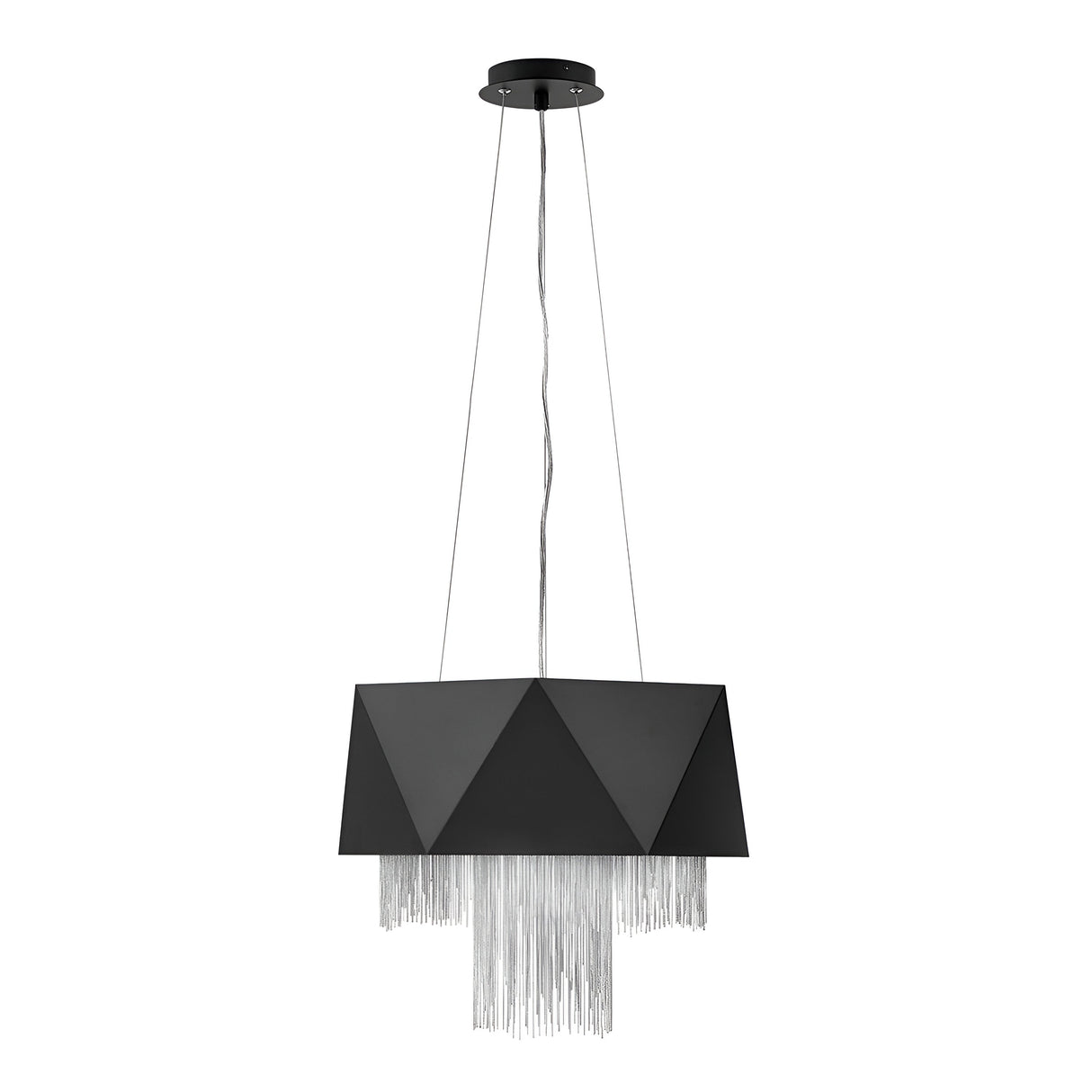 The Zuma 6 Light Chandelier in Satin Black and Silver boasts a contemporary geometric design with its triangular pattern and cascading silver fringe. Elegantly suspended by thin cords, this piece adds a modern touch to any space.
