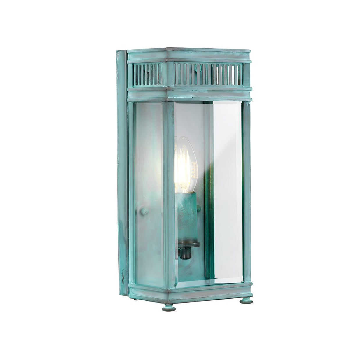 The Holborn 1 Light Outdoor Small Wall Lantern - Verdigris features a rectangular teal lantern with a vintage-style bulb, enhanced by weathered glass panels and a metal frame for a classic touch to this timeless outdoor lighting piece.