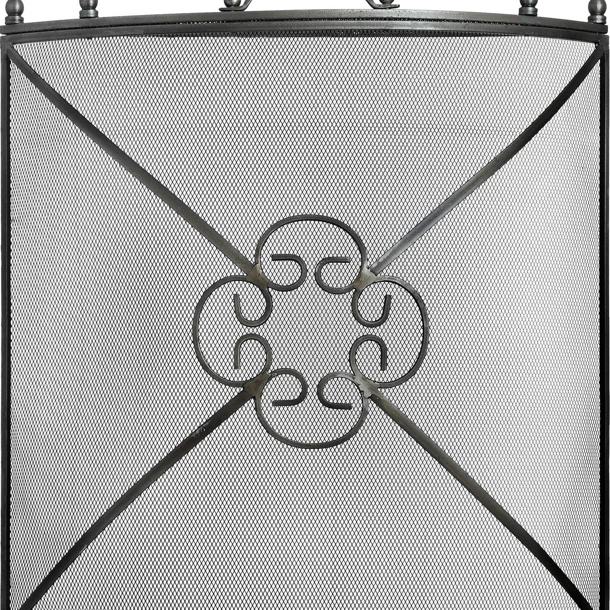 Hill Interiors mesh fireguard in antique pewter effect finish, with metal frame, fine mesh panels and central scrolled medallion detail.