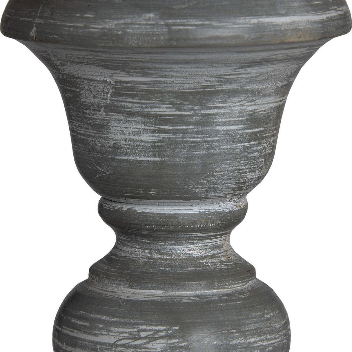 Close-up of the turned wooden base on the Hill Interiors Wooden Floor Lamp, showing an urn-shaped column with a distressed beige finish and visible grain.