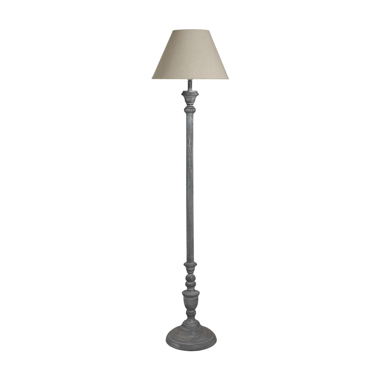Hill Interiors wooden floor lamp with turned beige column, matching fabric drum shade and round base, shown against a plain white background.