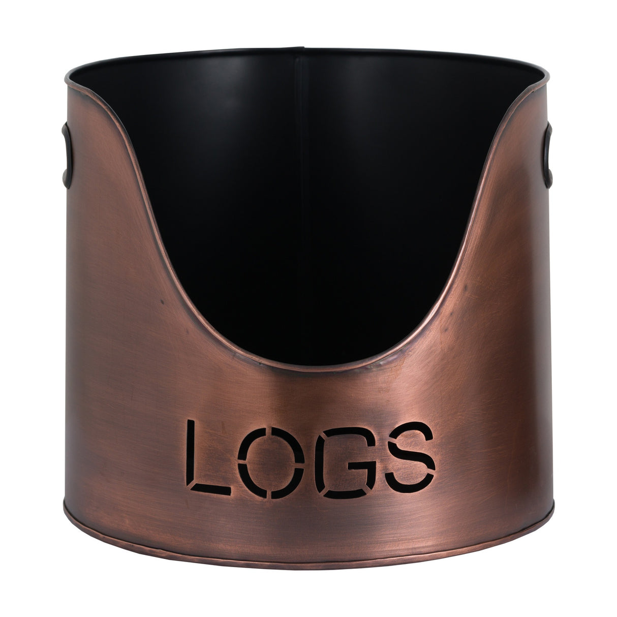 Hill Interiors copper finish metal log bucket with cut-out LOGS lettering, curved front opening and side handles, shown on a plain white background.