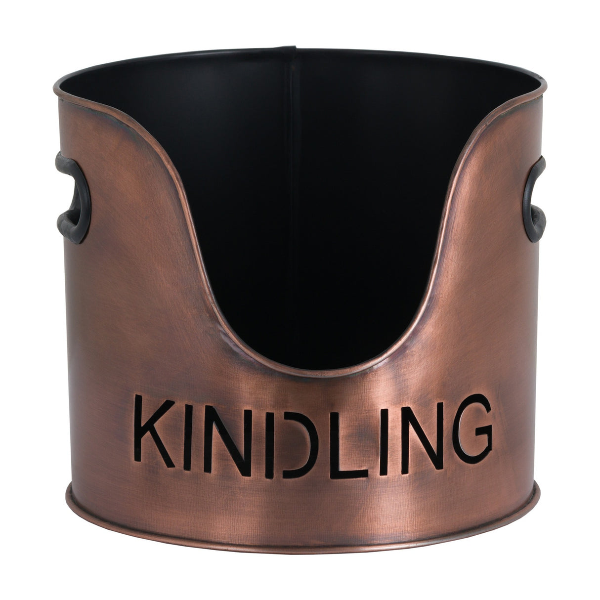 Hill Interiors copper finish metal kindling bucket with scooped front, cut-out lettering and side handles, shown on a plain white background.