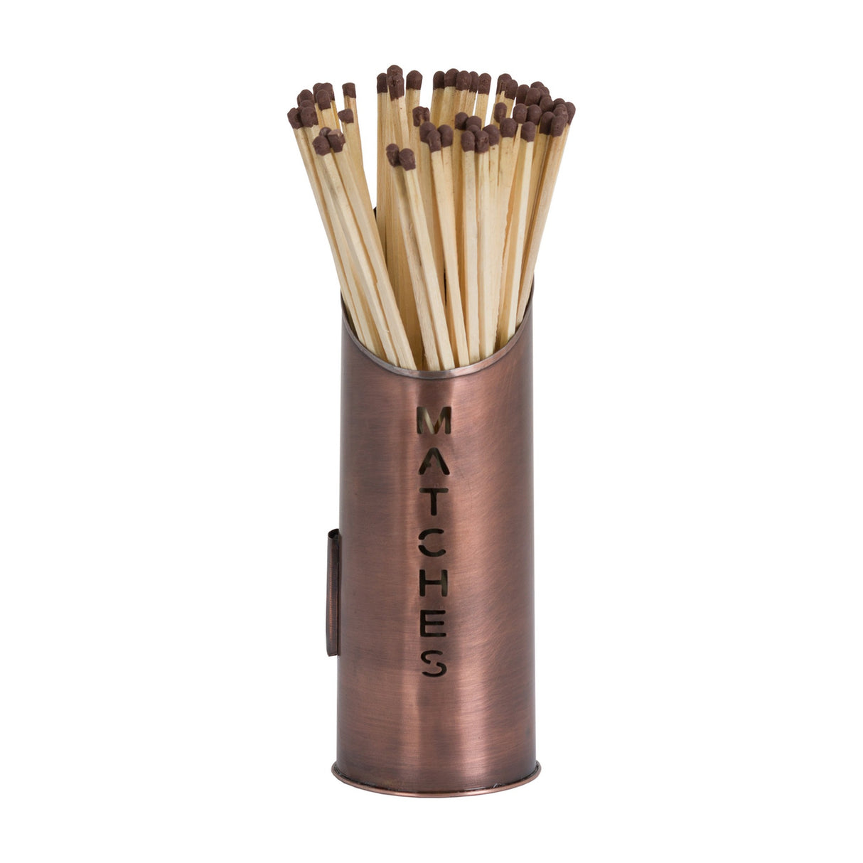 Copper finish matchstick holder from Hill Interiors, a cylindrical metal canister with cut-out "MATCHES" lettering, filled with brown-tipped wooden matches.