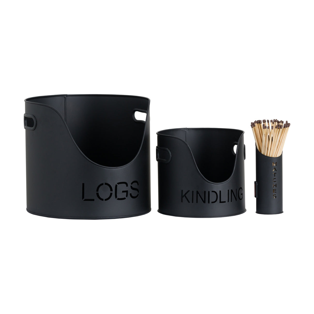 Black Finish Log and Kindling Buckets with Matchstick Holder – Black