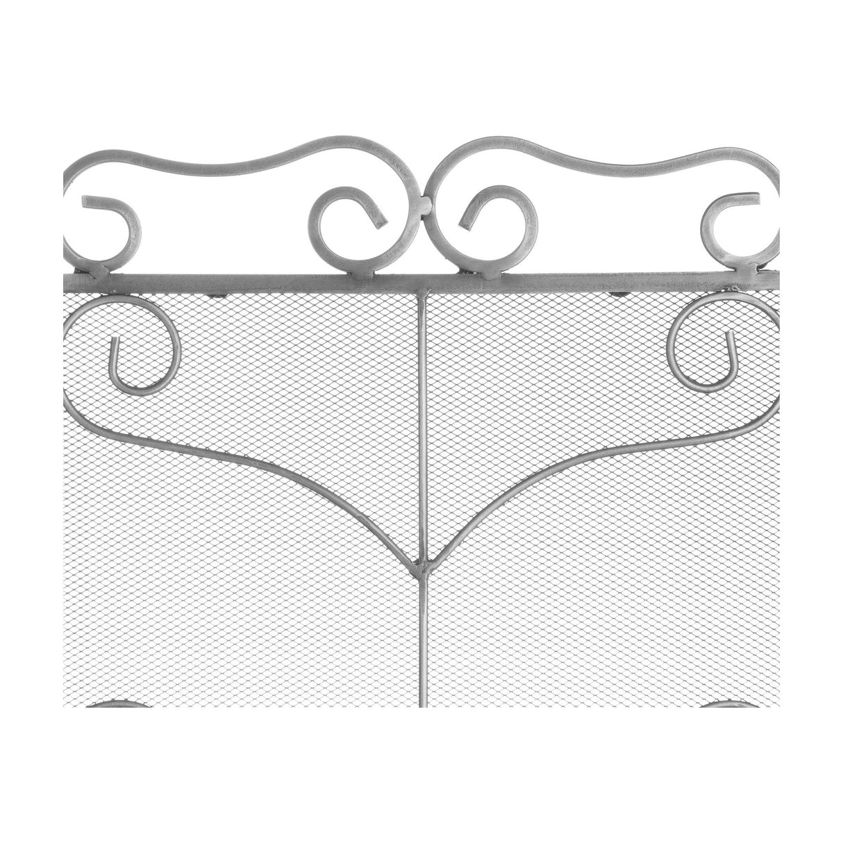 Close-up of Hill Interiors Heavy Large Fire Screen in antique silver metal, showing scrolled top detailing and fine mesh panels against a plain background.