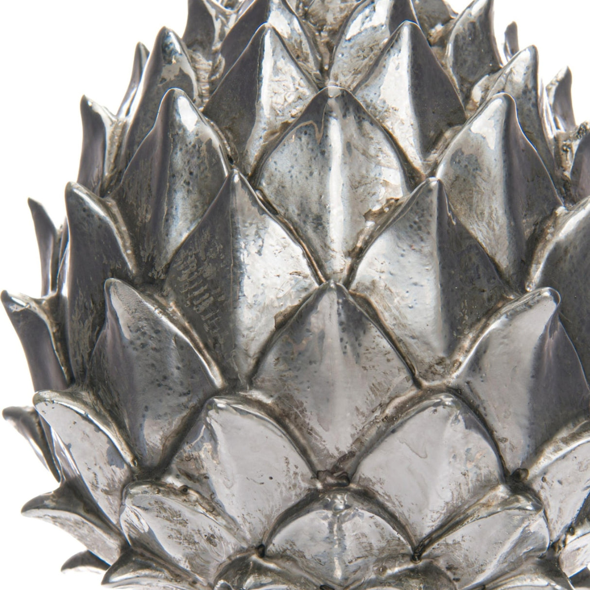 Close-up of the Hill Interiors Silver Ceramic Pinecone Finial showing layered scale-like petals in a soft silver glaze against a white background.
