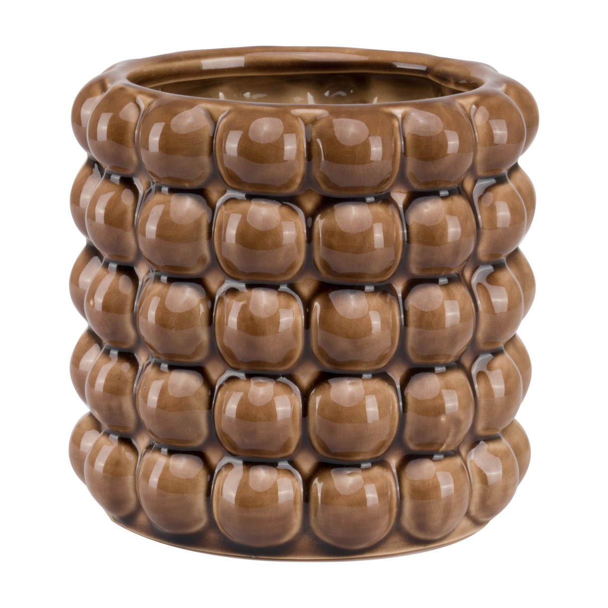 Hill Interiors Bubble Ceramic Planter in warm caramel brown with glossy raised bubble texture and rounded form, shown against a plain white background.