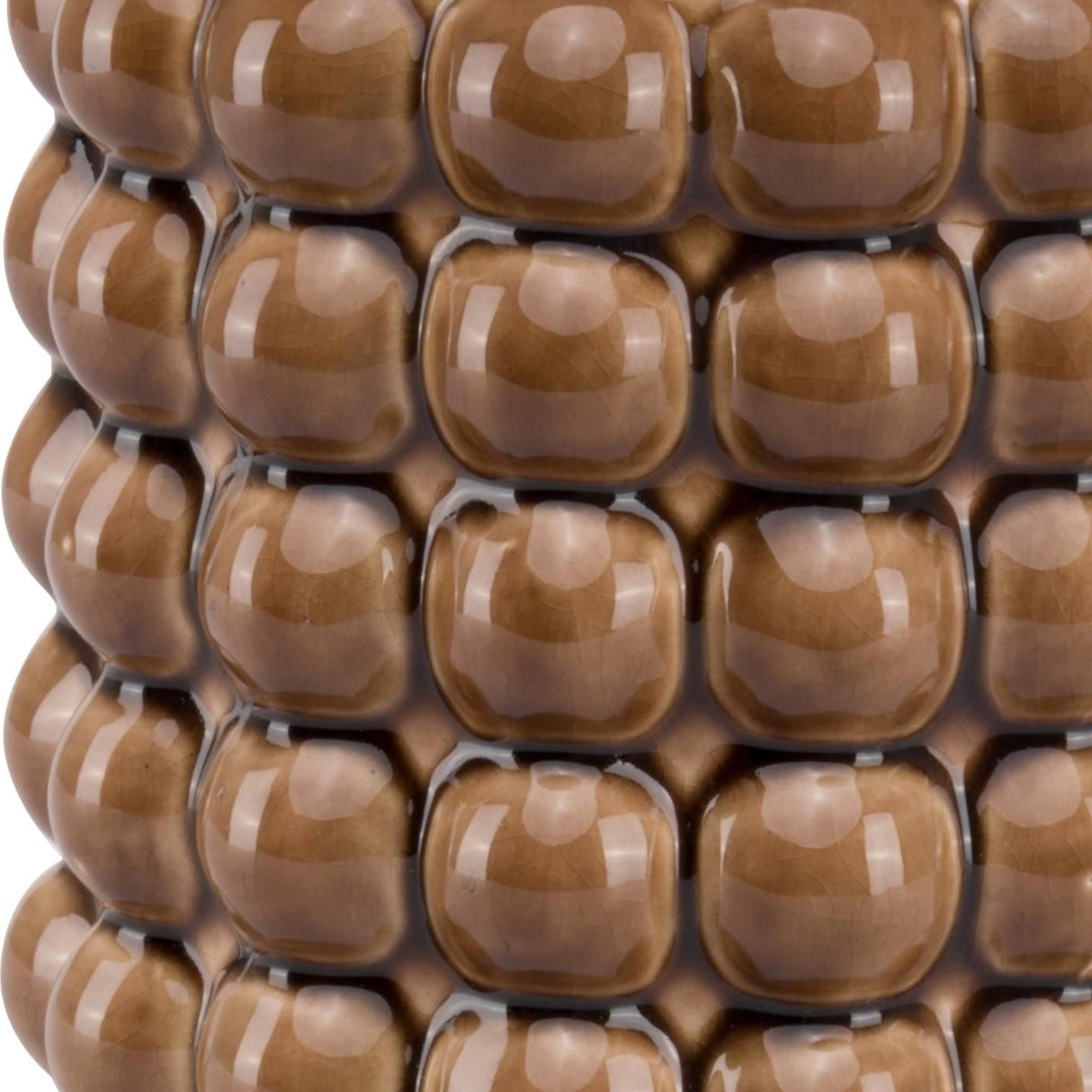 Close-up of the Hill Interiors Bubble Ceramic Planter in brown, showing the glossy raised bubble texture and warm caramel glaze across its surface.