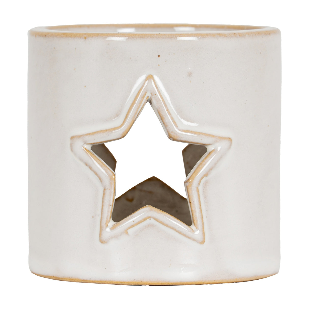Hill Interiors white ceramic tealight holder in a small cube shape with a glazed finish and pierced star cut-out on the front, on a plain background.