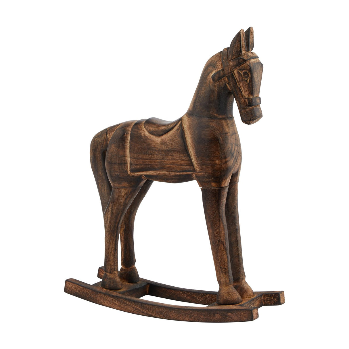 Hill Interiors wooden rocking horse decoration in beige with carved bridle, saddle detail and curved rocker base, shown on a plain white background.