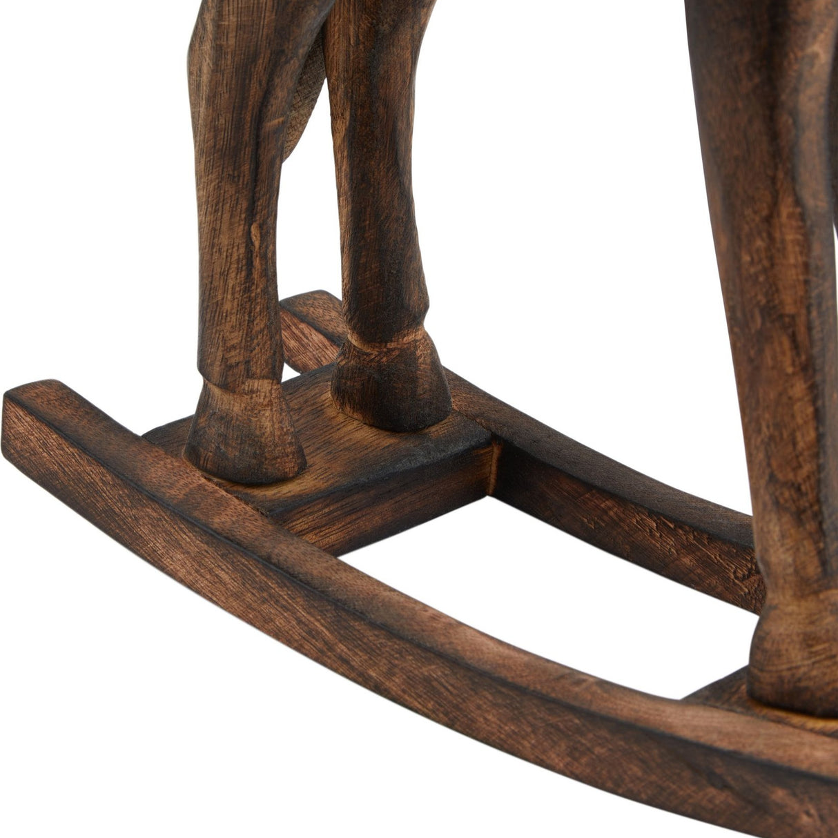 Close-up of the Hill Interiors Wooden Rocking Horse Decoration showing the carved beige legs, hooves and curved rocker base with visible wood grain.