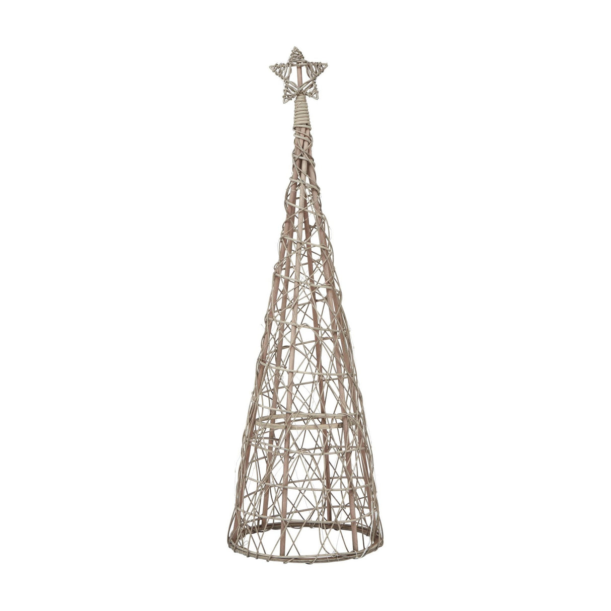 Hill Interiors LED wicker Christmas tree in brown, 115cm tall with a woven conical form and star topper, shown on a plain white background.