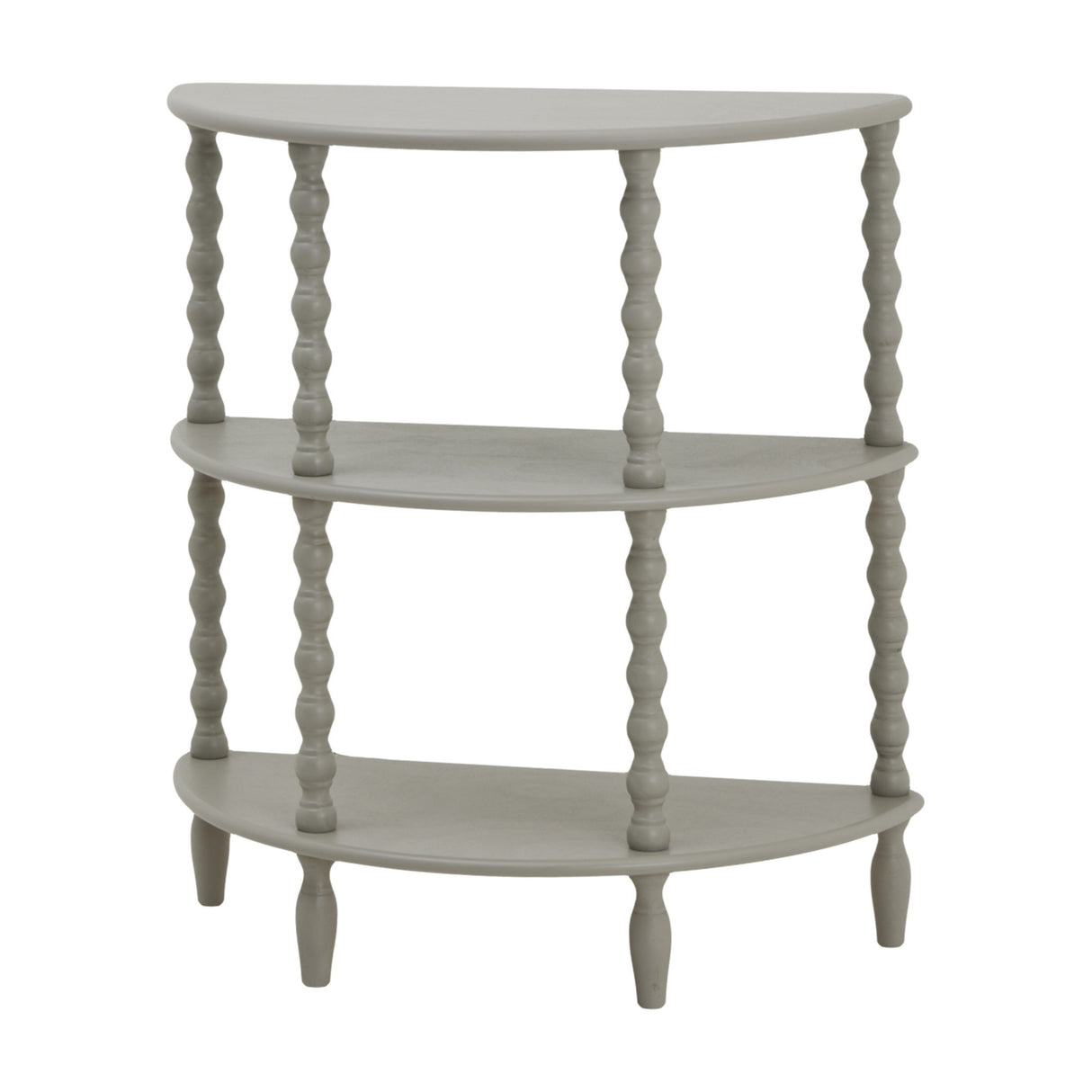 Hill Interiors Half Moon 3 Tier Side Table in grey wood with curved shelves and turned spindle legs, shown on a plain white background.