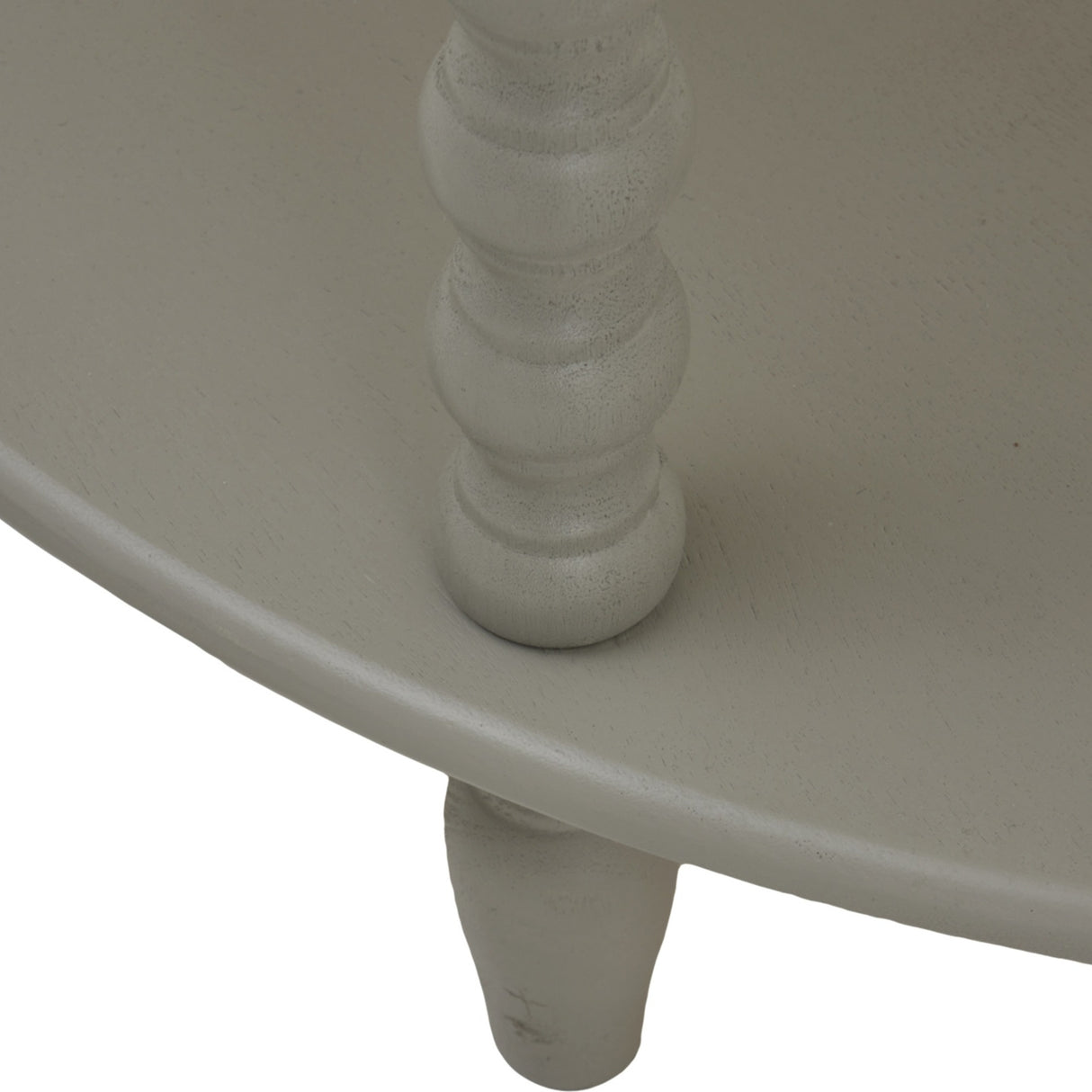 Close-up of the Hill Interiors Half Moon 3 Tier Side Table in grey, showing a turned wooden spindle support between shelves with a soft painted finish.