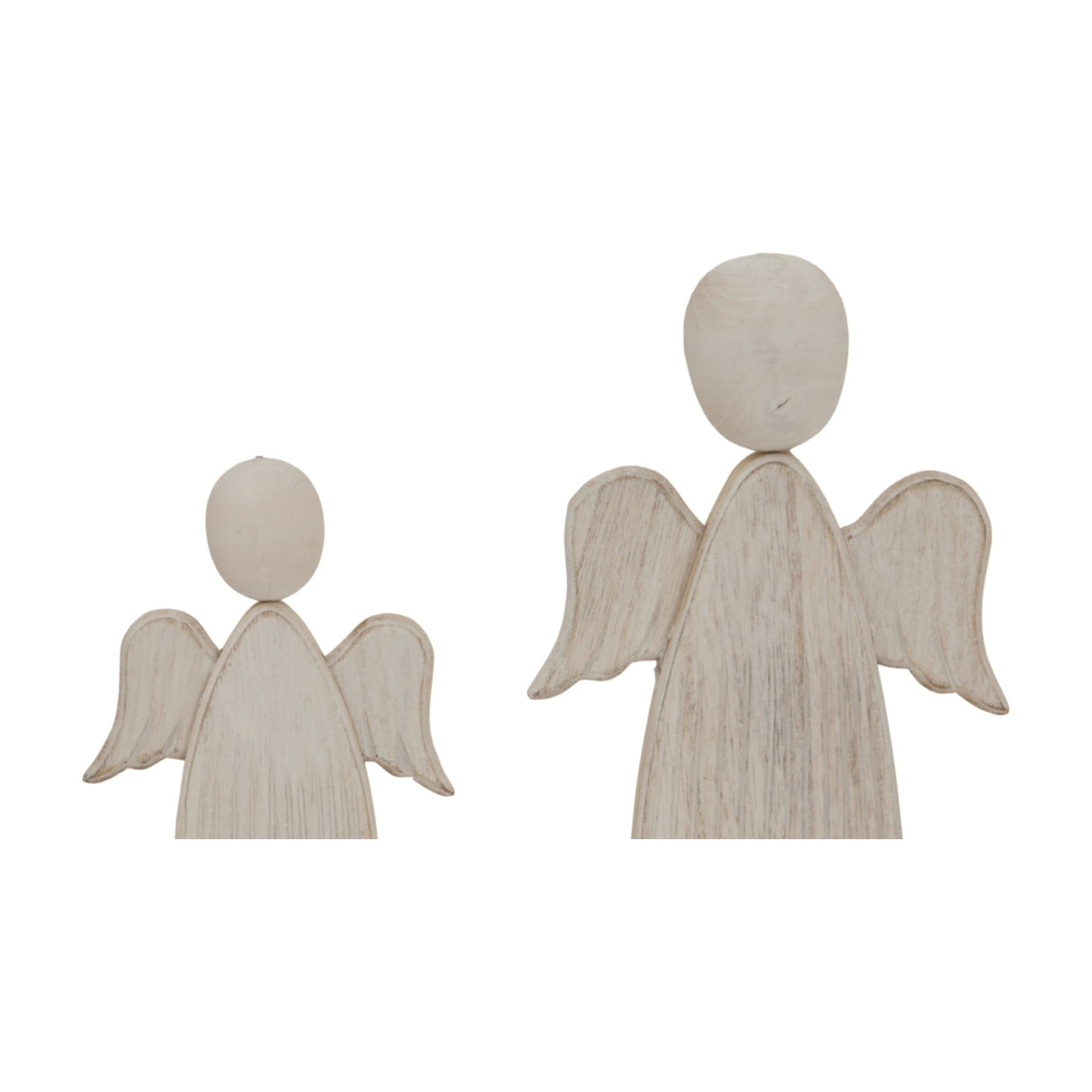 Two Hill Interiors rustic wooden angels in weathered brown with carved wings and rounded heads, shown in different sizes on a plain white background.