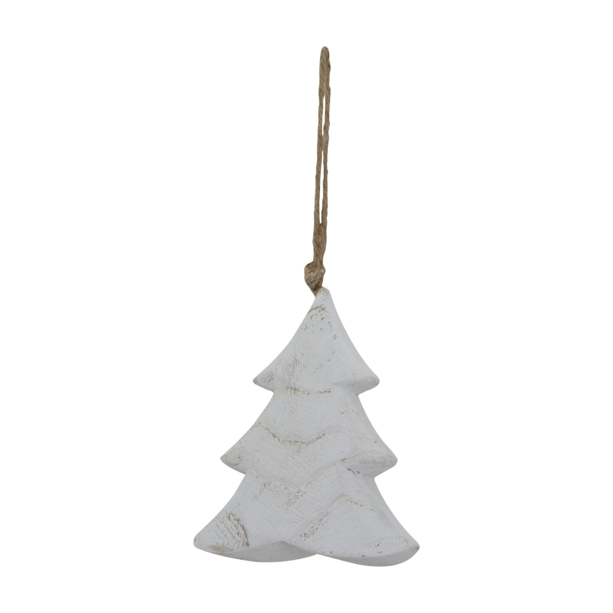 Hill Interiors Rustic Hanging Wooden Tree ornament in whitewashed wood with distressed grain and jute loop, shown against a plain white background.