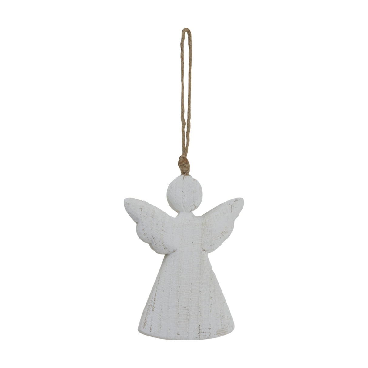 Hill Interiors rustic hanging wooden angel decoration in soft white with outstretched wings and jute cord loop, shown on a plain white background.