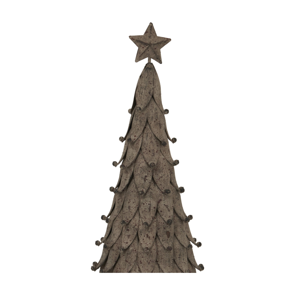 Hill Interiors medium rustic decorative metal Christmas tree in a soft silver finish, with layered leaf-like tiers and a star topper, on a white background.