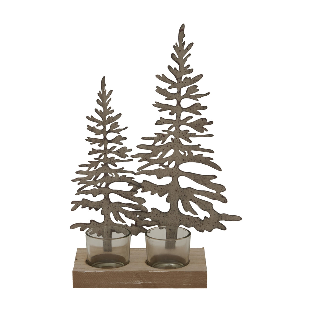 Hill Interiors Rustic Double Silhouette Tree Tealight Holder in brown, with two cut-out metal trees on a wooden base holding two glass tealight cups.