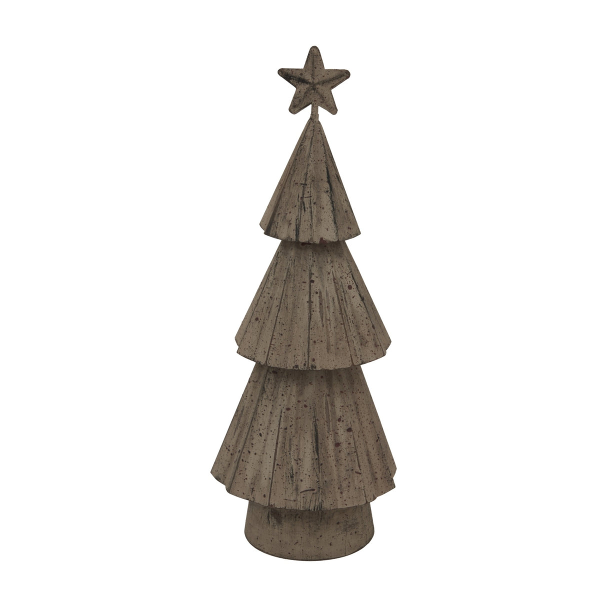 Hill Interiors Rustic Bough Tree with Star in white, a small tiered metal Christmas decoration with a distressed finish, shown on a plain background.