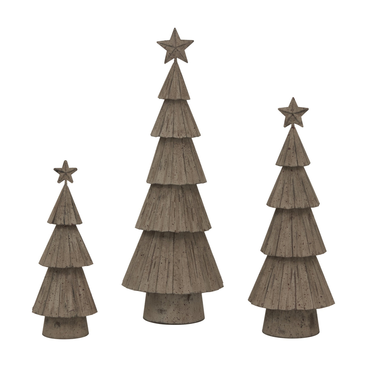 Trio of Hill Interiors Large Rustic Bough Tree with Star decorations in white painted metal, tiered layers topped with stars, shown at staggered heights.