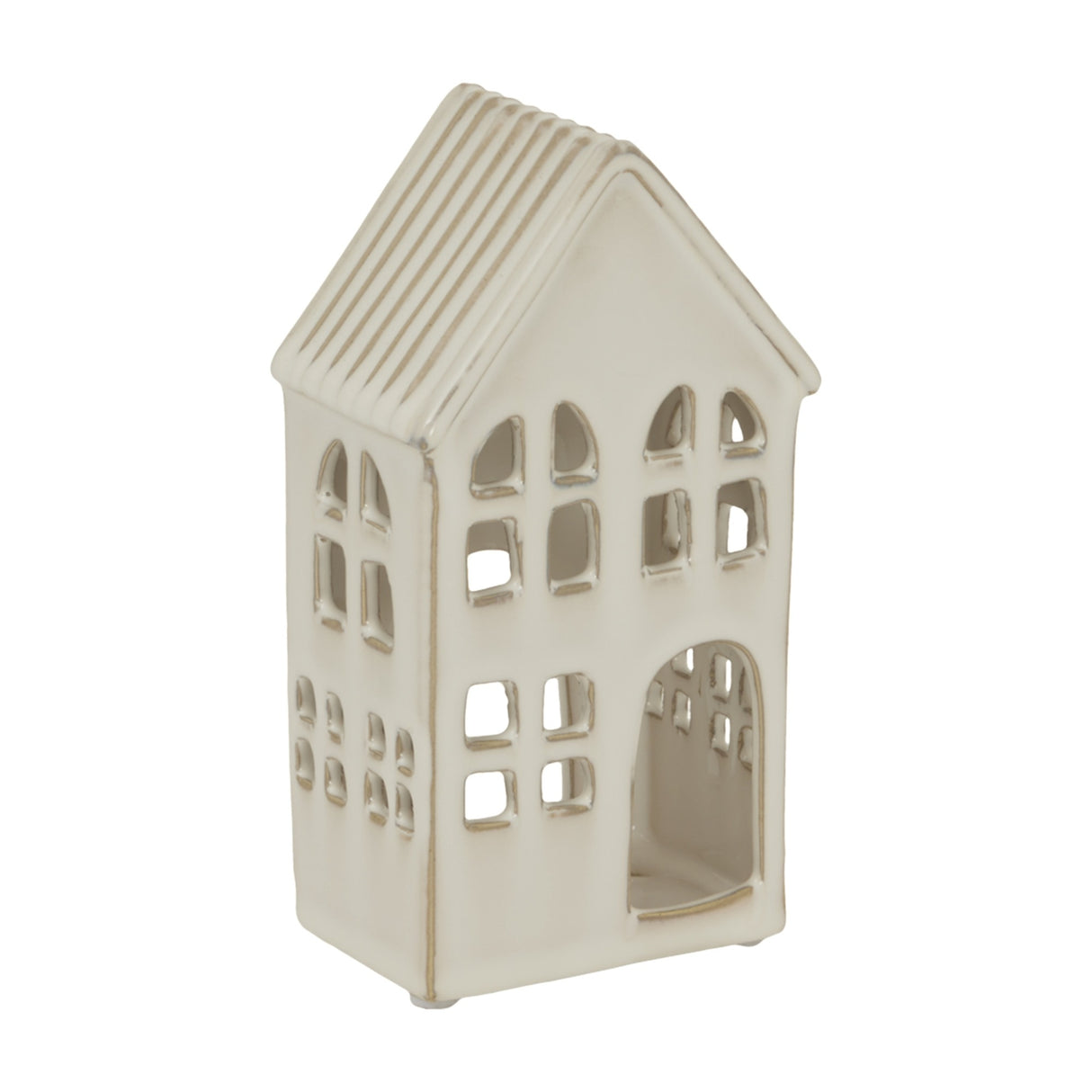Hill Interiors large white ceramic house tea light holder with ridged pitched roof, arched doorway and cut-out windows, on a plain white background.