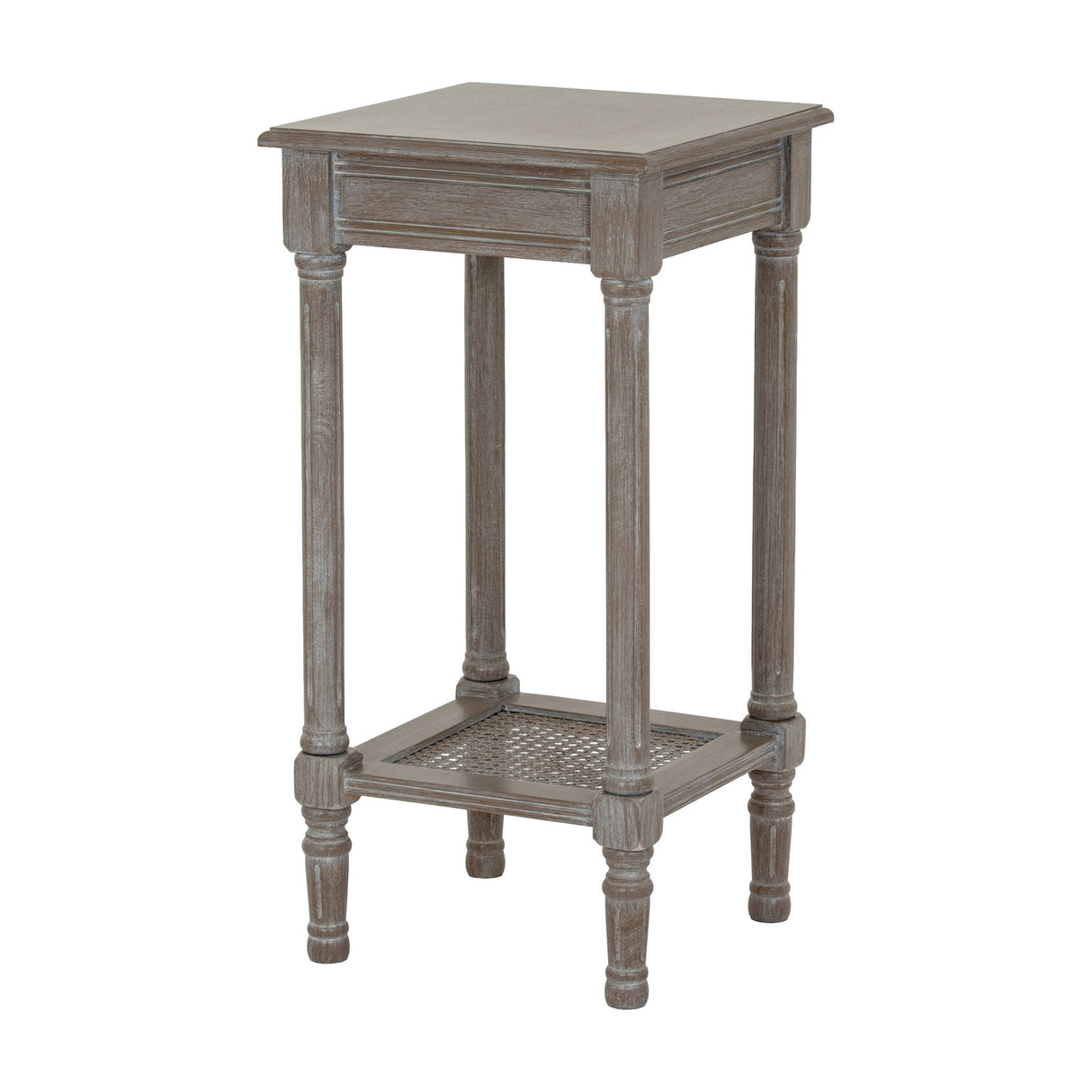 Hill Interiors Small Rattan Side Table in grey wash wood with turned legs, square top and woven rattan lower shelf, shown on a white background.