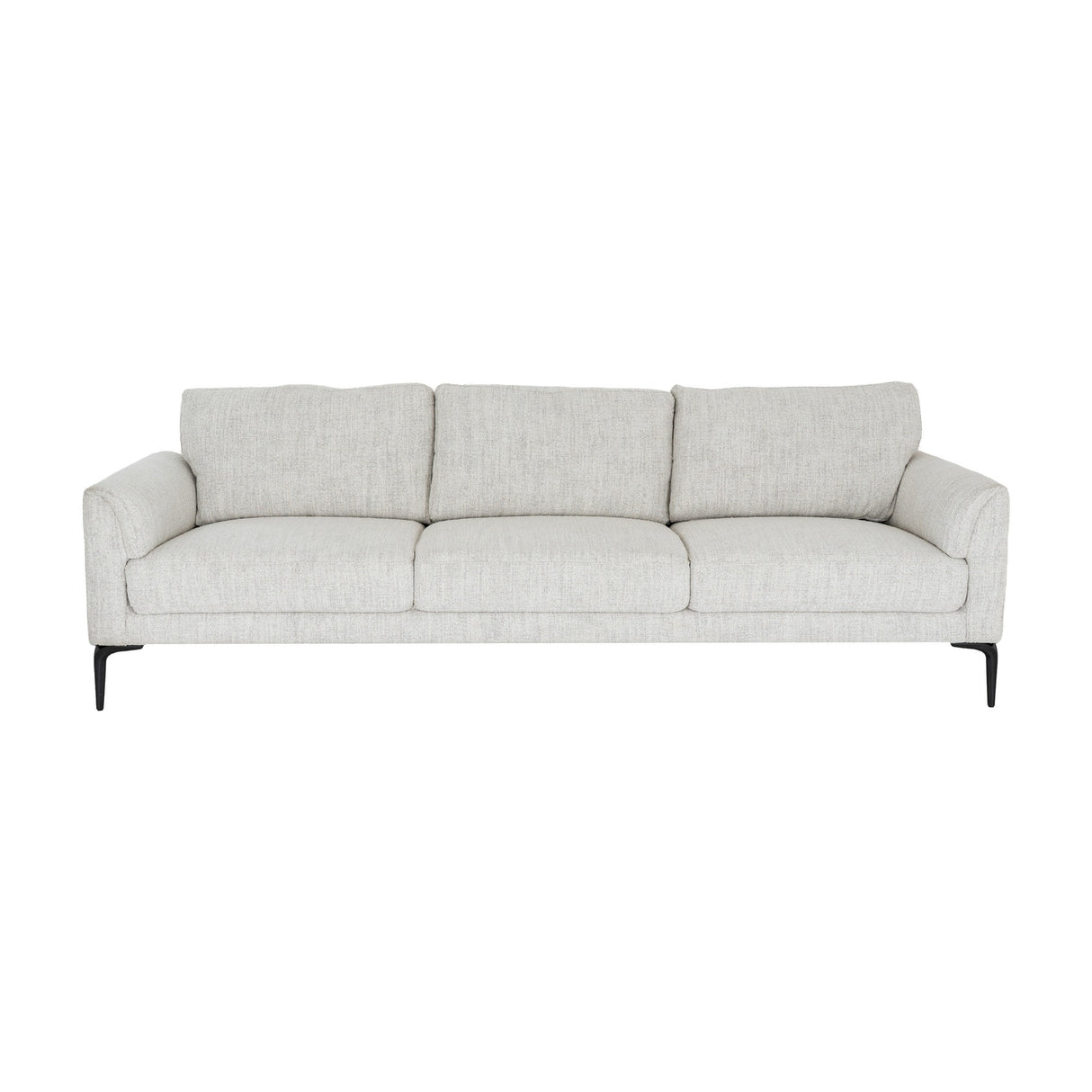Hill Interiors Vaxeer three seater sofa in white upholstery with three back and seat cushions on a black metal frame, shown on a plain white background.