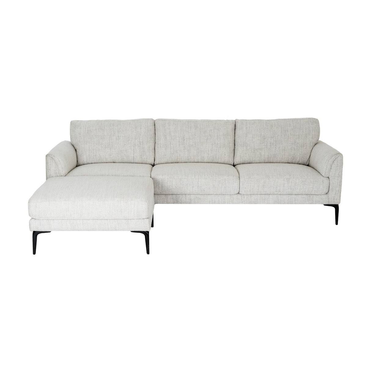 Hill Interiors Vaxeer three seater sofa in white upholstery with matching footstool on black metal legs, shown on a plain white background.