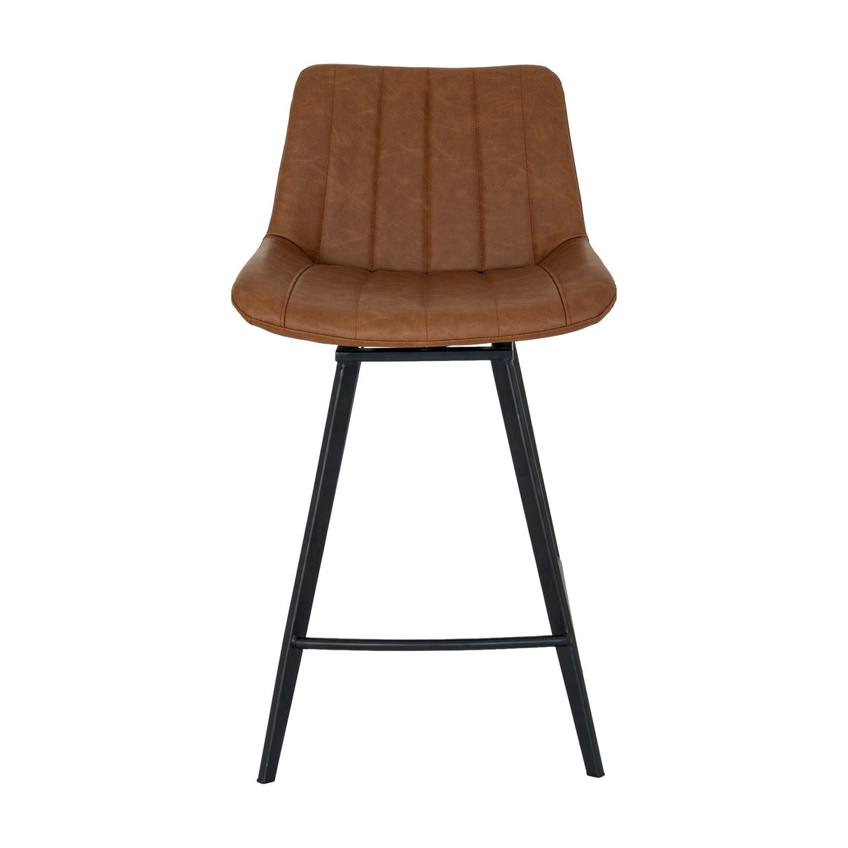 Hill Interiors Draxinby tan swivel bar stool with channel-stitched brown upholstered seat on a slim black metal frame, shown against a white background.