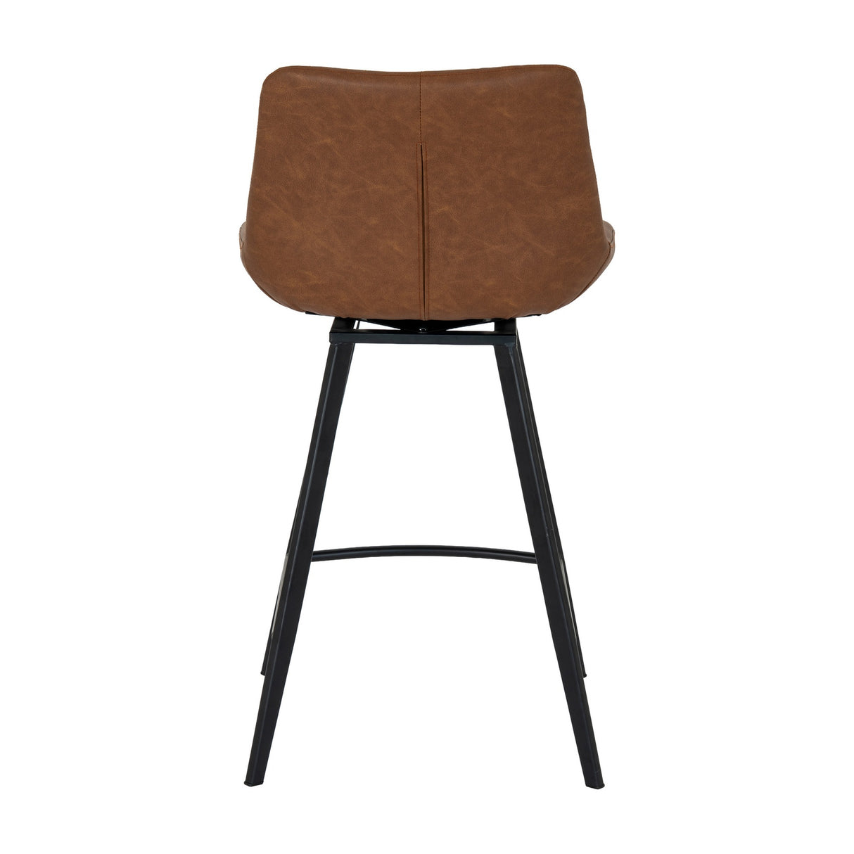 Rear view of the Hill Interiors Draxinby tan swivel bar stool showing the upholstered brown seat back and slim black metal legs on a white background.