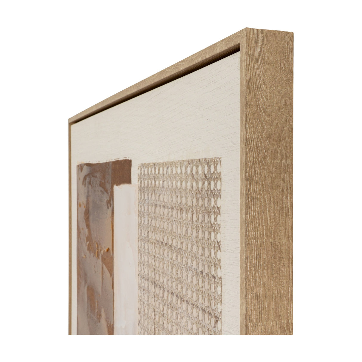 Close-up corner detail of Hill Interiors hand painted canvas wall art in a slim light wood frame, showing woven rattan-style texture and painted brushwork.