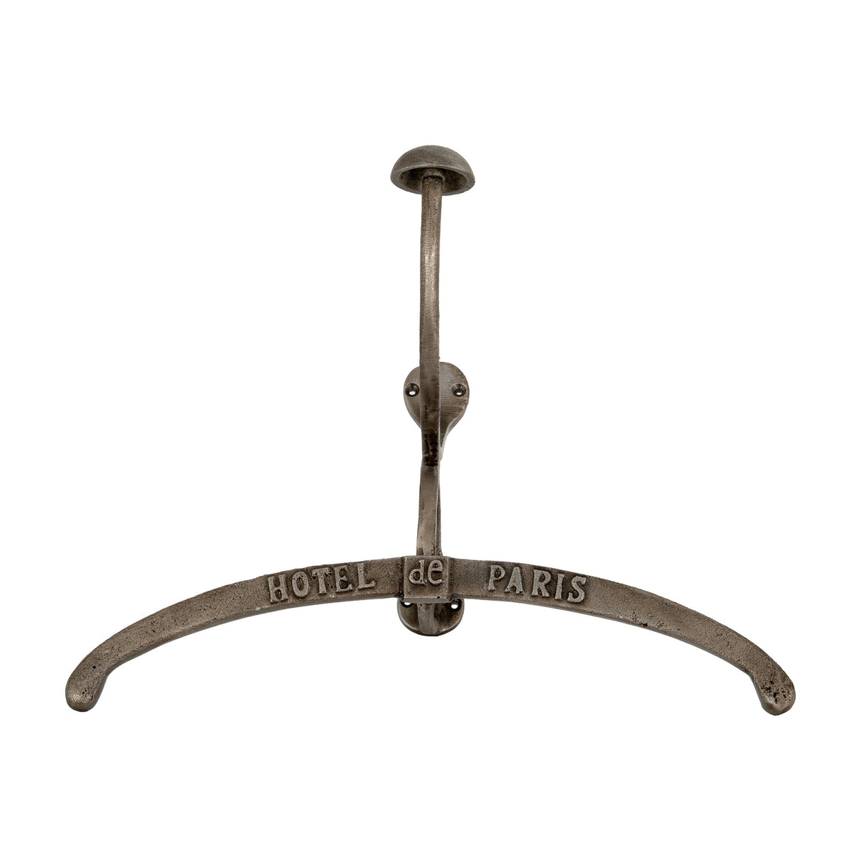 Hill Interiors silver metal coat hanger with curved arms embossed Hotel de Paris, topped by a hook and domed knob, shown on a plain white background.