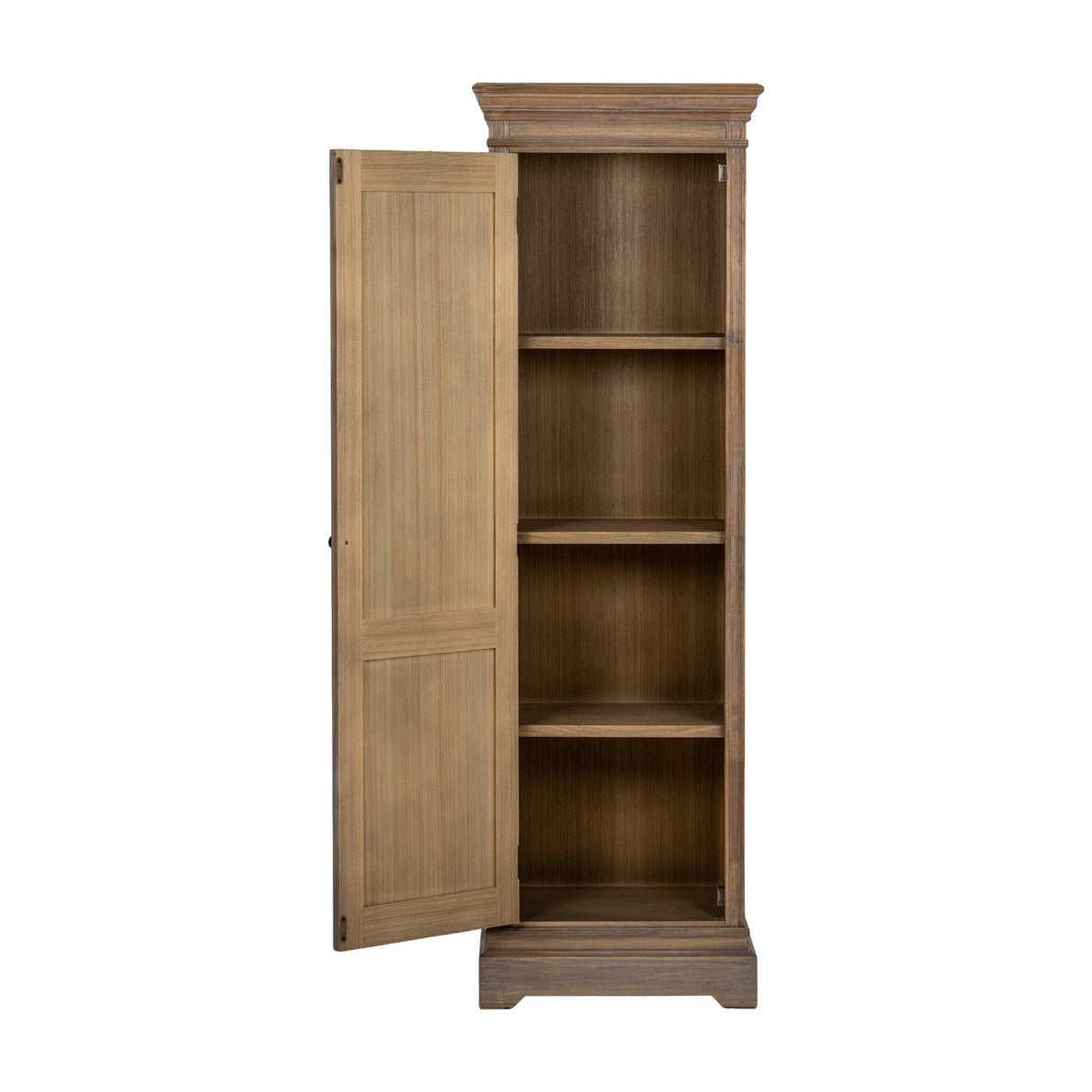 Hill Interiors 1 Door Tall Cabinet in brown wood shown with door open, revealing four interior shelves, against a plain white background.
