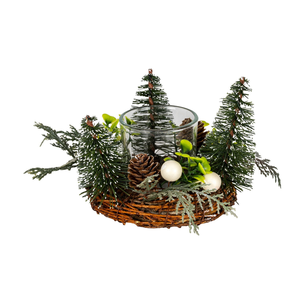 Hill Interiors Small Brush Tree Candle Wreath in green with miniature brush trees, pinecones and berries around a glass candle holder on a twig base.